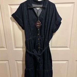 Ava & Viv Blue Midi Wrap Dress with Notched Collar